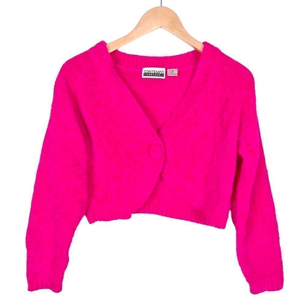 Vintage 80’s Chenille Cropped Knit Cardigan Sweater Hot Pink Barbiecore size M